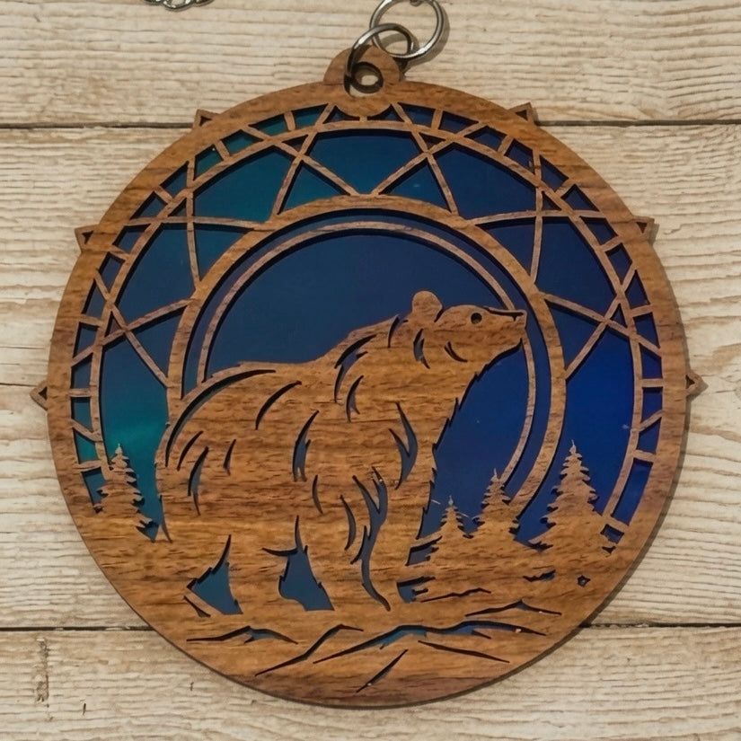 Grizzly Bear Wooden Suncatcher - Laser Cut Walnut & Faux Stained Glass Window Hanging, Woodland Forest Art, Nature Lover Gift