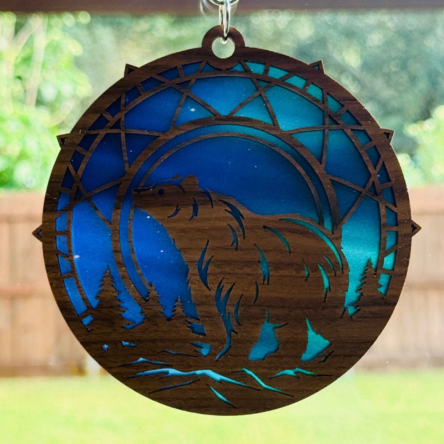 Grizzly Bear Wooden Suncatcher - Laser Cut Walnut & Faux Stained Glass Window Hanging, Woodland Forest Art, Nature Lover Gift