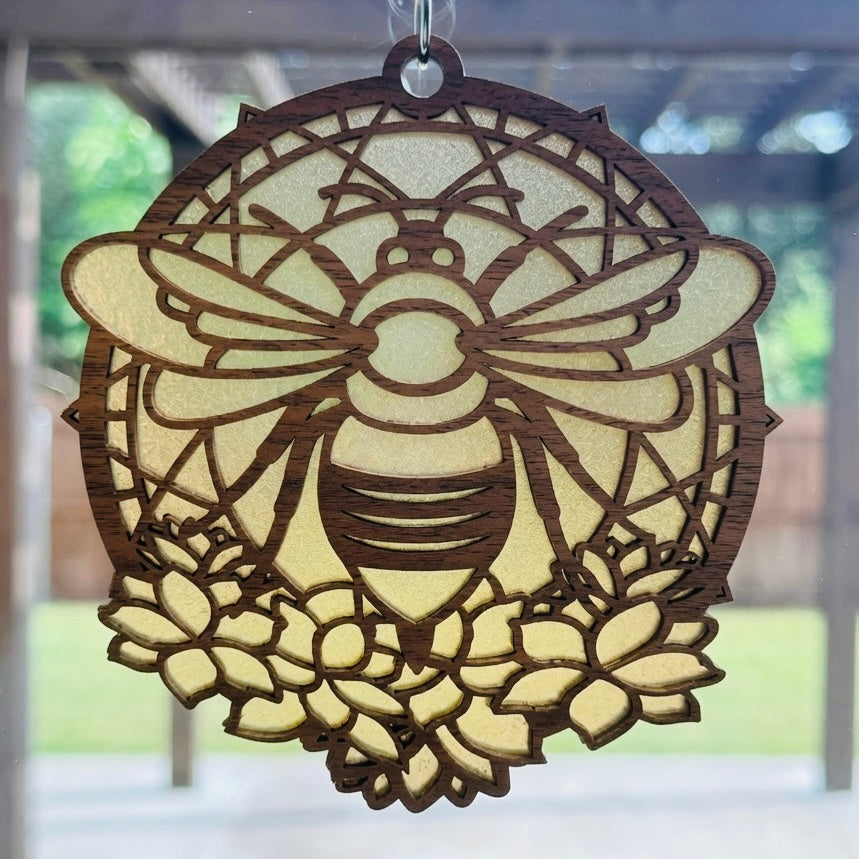 Honeybee Wooden Suncatcher - Laser Cut Walnut Window Hanging Art, Geometric Bee & Floral Decor, Honey Bee Lover Garden Gift