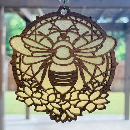 Honeybee Wooden Suncatcher - Laser Cut Walnut Window Hanging Art, Geometric Bee & Floral Decor, Honey Bee Lover Garden Gift