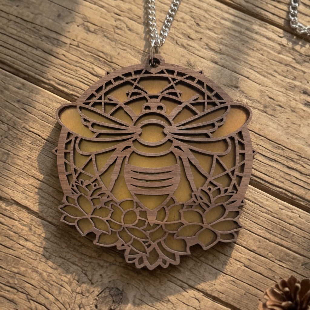 Honeybee Wooden Suncatcher - Laser Cut Walnut Window Hanging Art, Geometric Bee & Floral Decor, Honey Bee Lover Garden Gift