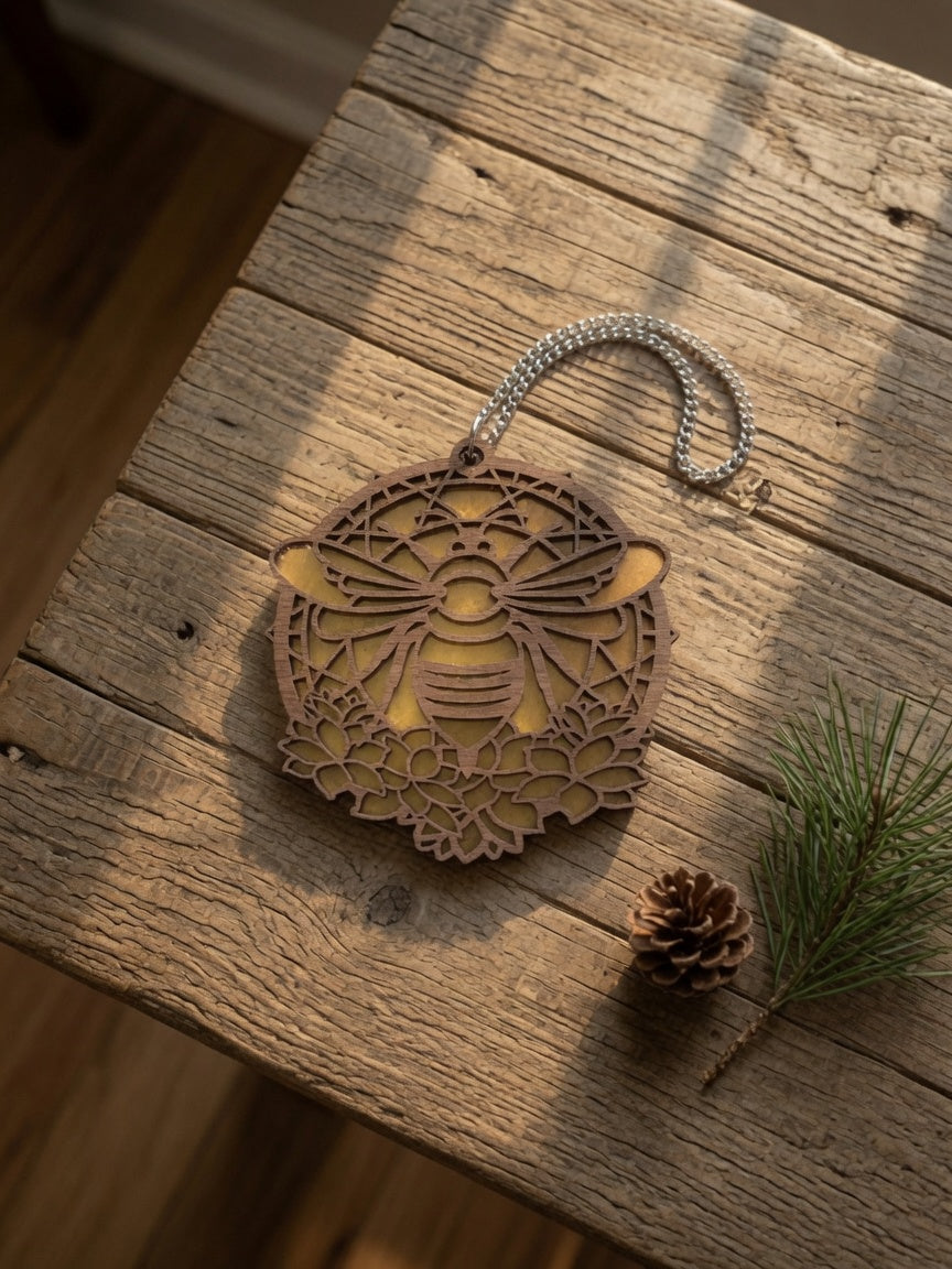 Honeybee Wooden Suncatcher - Laser Cut Walnut Window Hanging Art, Geometric Bee & Floral Decor, Honey Bee Lover Garden Gift