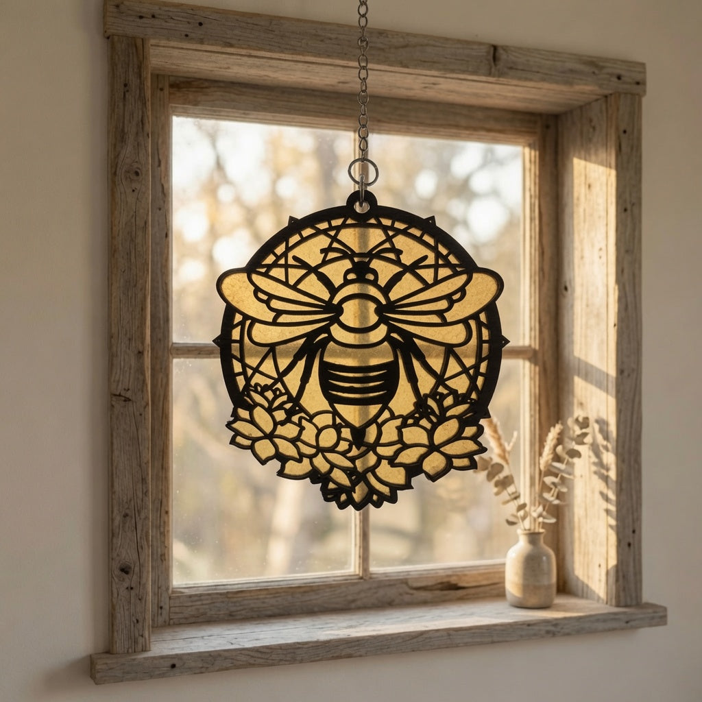 Honeybee Wooden Suncatcher - Laser Cut Walnut Window Hanging Art, Geometric Bee & Floral Decor, Honey Bee Lover Garden Gift