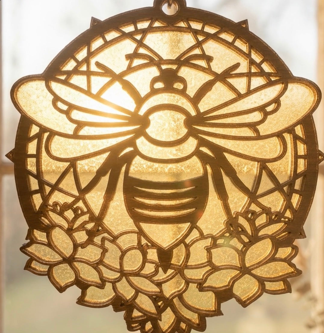 Honeybee Wooden Suncatcher - Laser Cut Walnut Window Hanging Art, Geometric Bee & Floral Decor, Honey Bee Lover Garden Gift