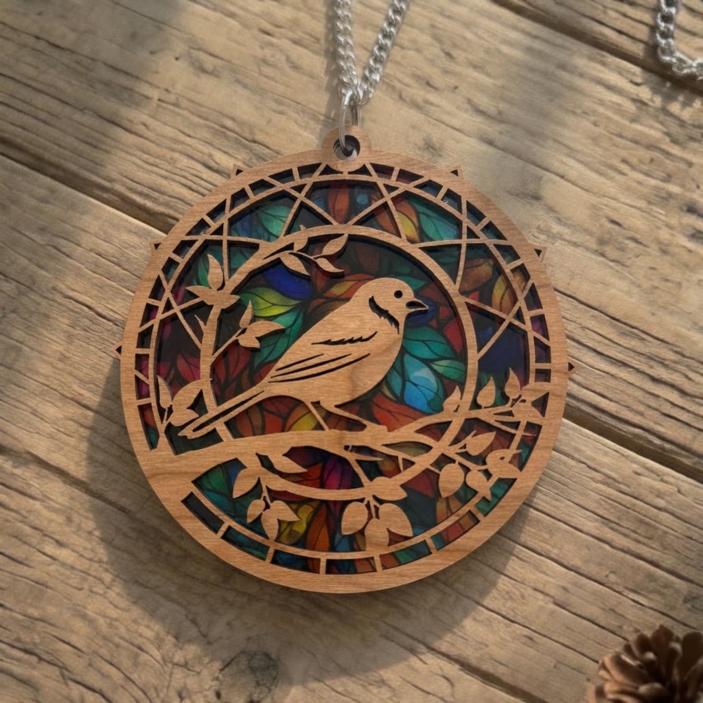 Cherry Wood Robin Suncatcher with Stained Glass Effect
