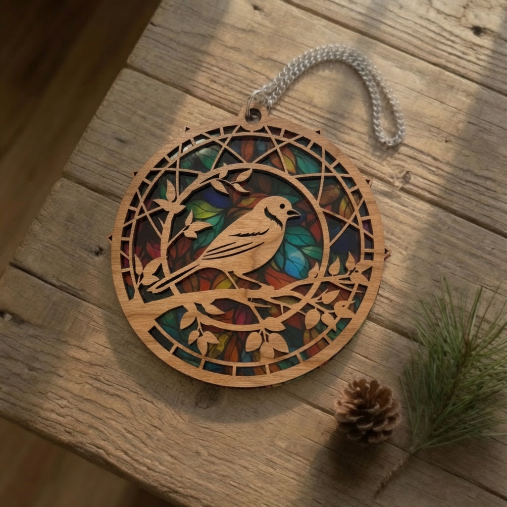 Cherry Wood Robin Suncatcher with Stained Glass Effect