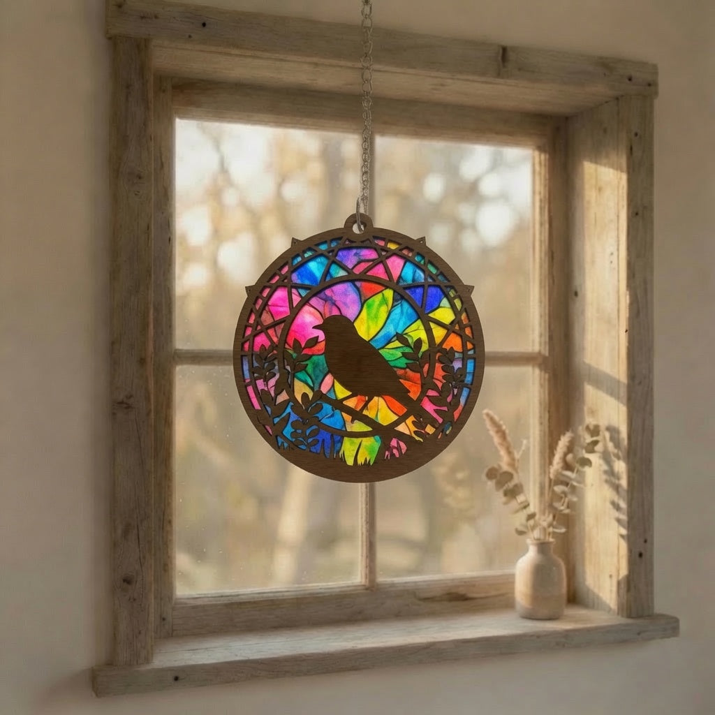Cherry Wood Robin Suncatcher with Stained Glass Effect