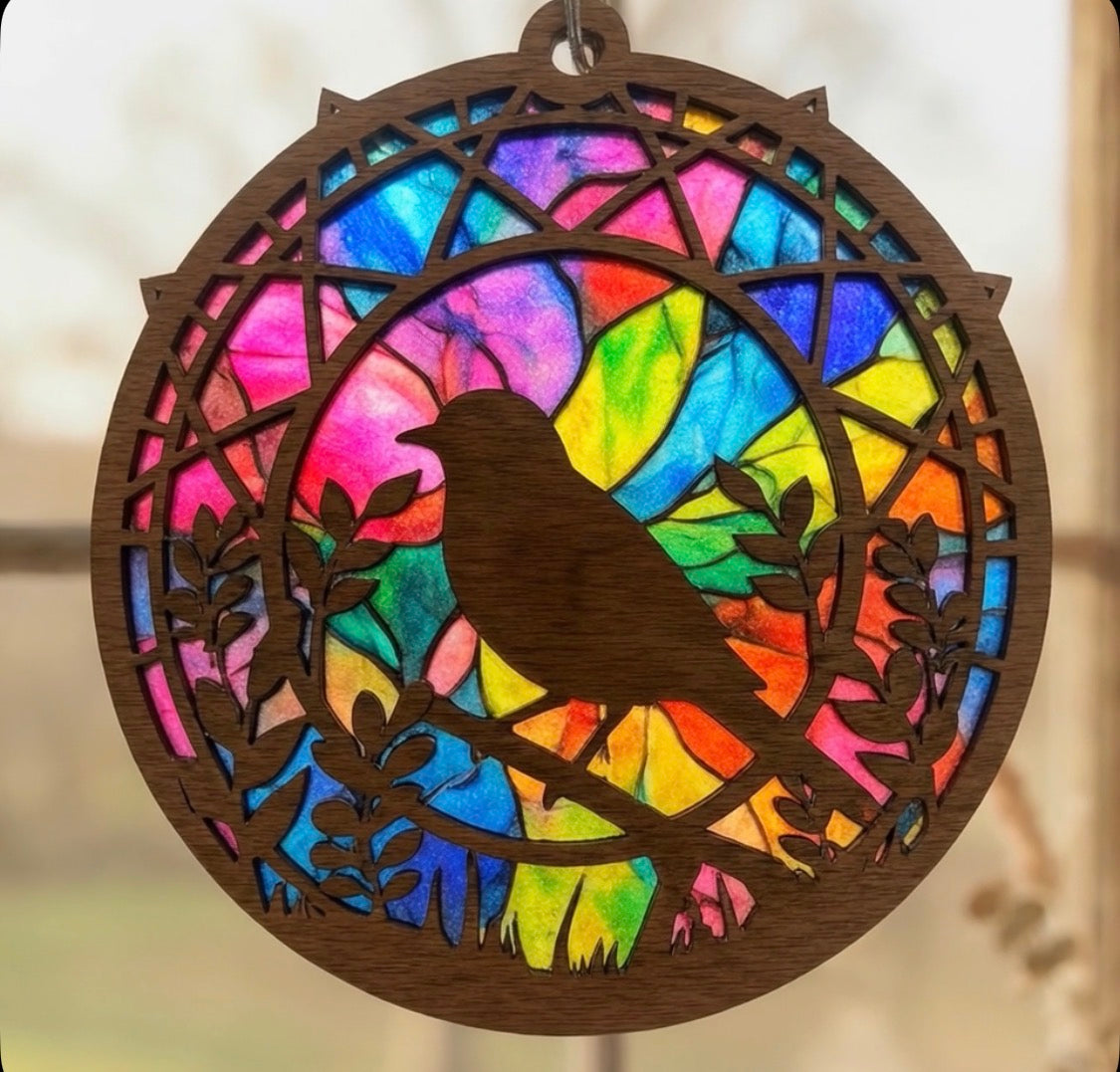 Cherry Wood Robin Suncatcher with Stained Glass Effect