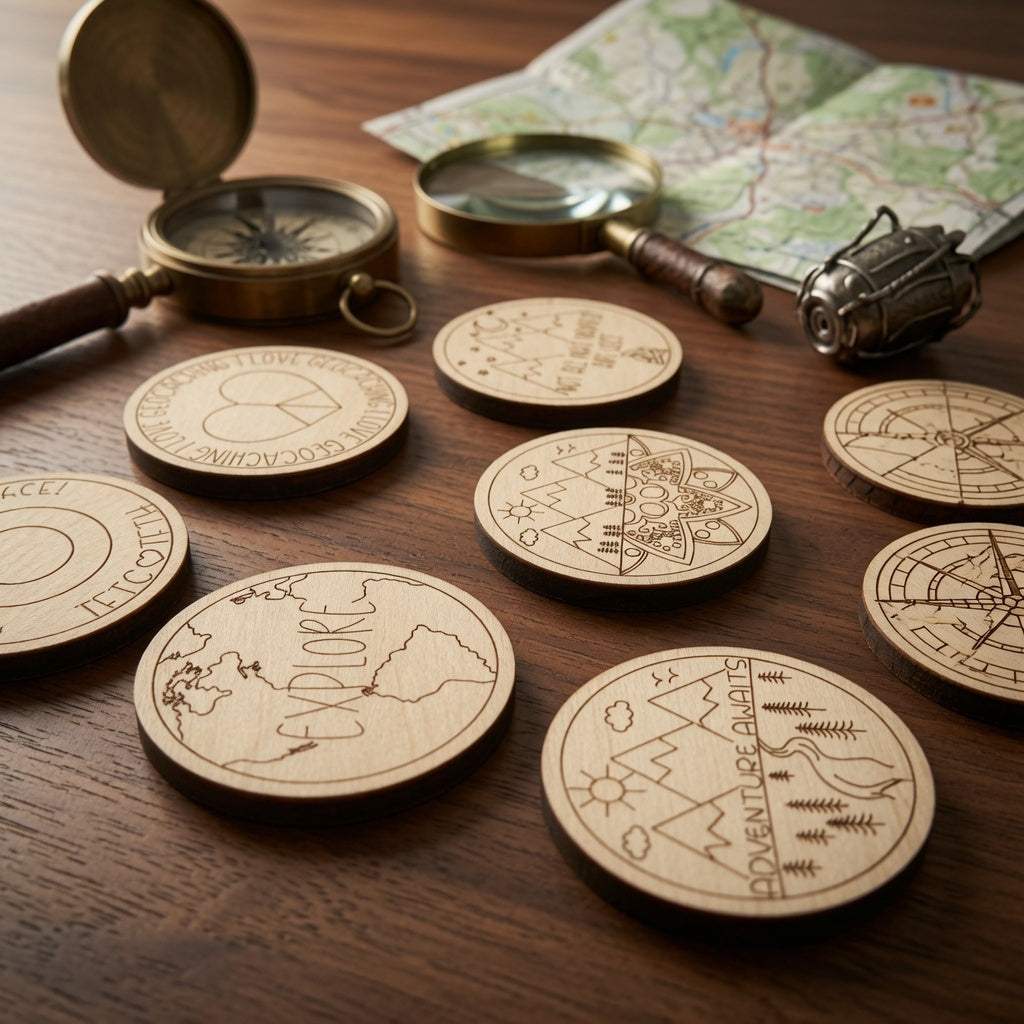 - Laser Engraved Geocache Tokens - 32 Unique Premium Wooden Coins for Ultimate Adventure - White Ranch Studio