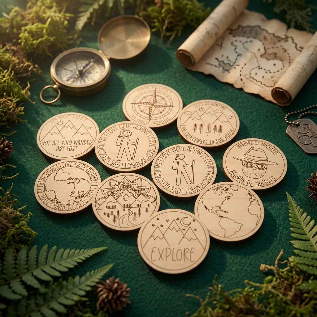 - Laser Engraved Geocache Tokens - 32 Unique Premium Wooden Coins for Ultimate Adventure - White Ranch Studio