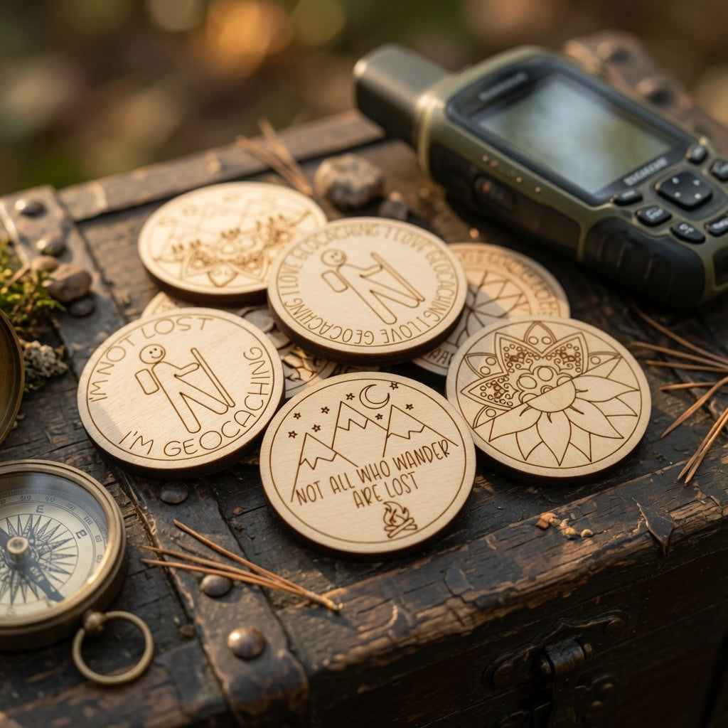- Laser Engraved Geocache Tokens - 32 Unique Premium Wooden Coins for Ultimate Adventure - White Ranch Studio
