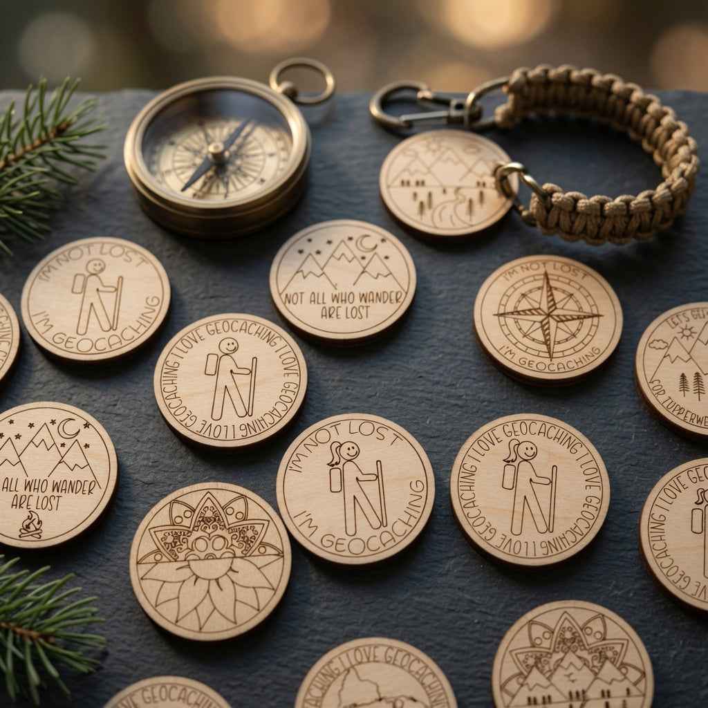 - Laser Engraved Geocache Tokens - 32 Unique Premium Wooden Coins for Ultimate Adventure - White Ranch Studio