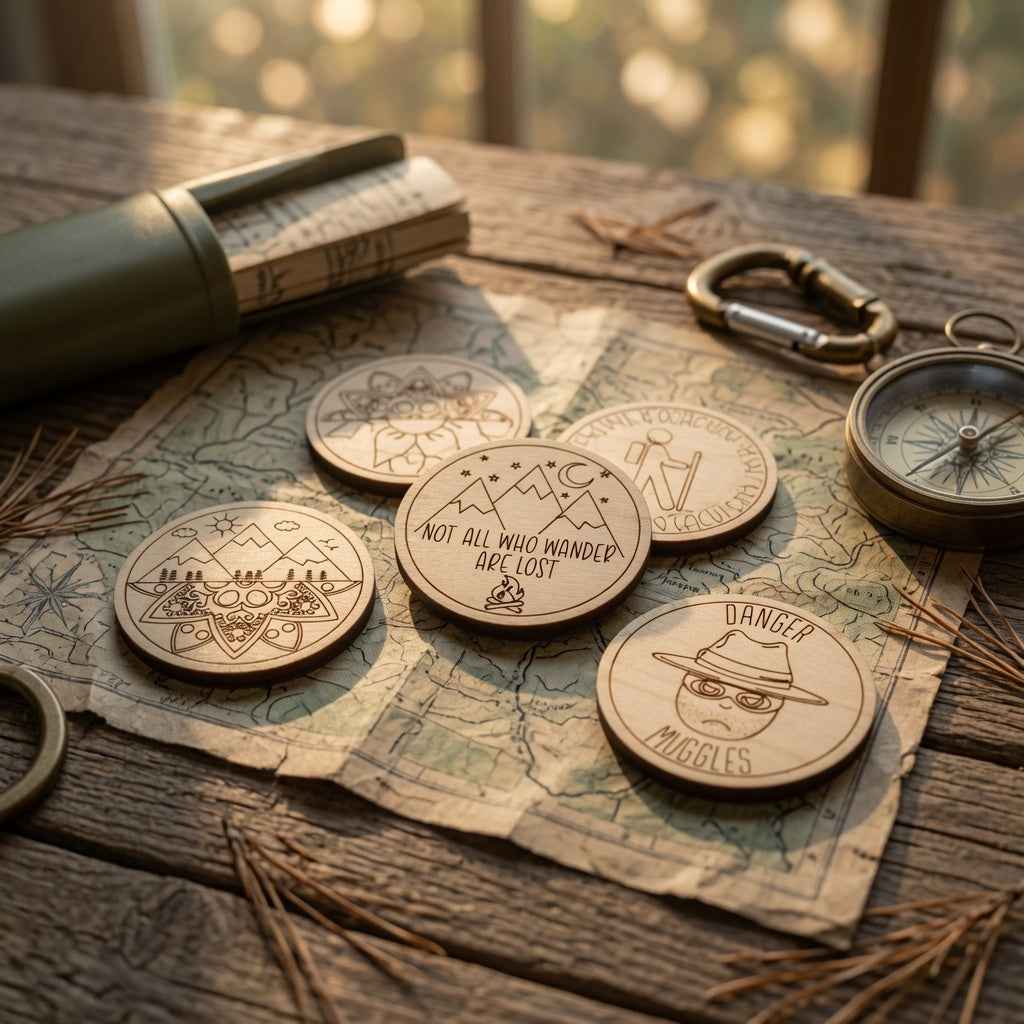- Laser Engraved Geocache Tokens - 32 Unique Premium Wooden Coins for Ultimate Adventure - White Ranch Studio
