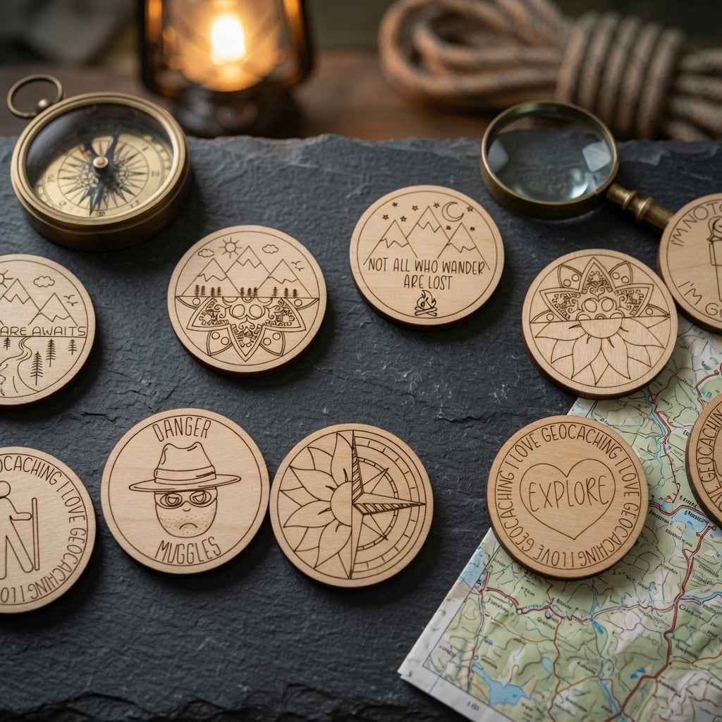 - Laser Engraved Geocache Tokens - 32 Unique Premium Wooden Coins for Ultimate Adventure - White Ranch Studio