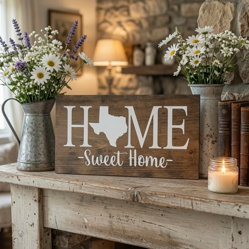 Rustic Texas "Home Sweet Home" State Wooden Sign