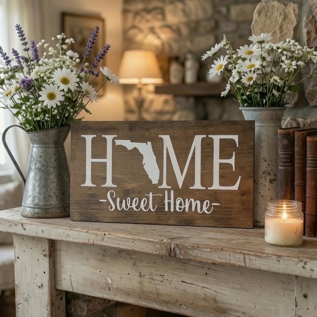 Rustic Florida "Home Sweet Home" State Wooden Sign