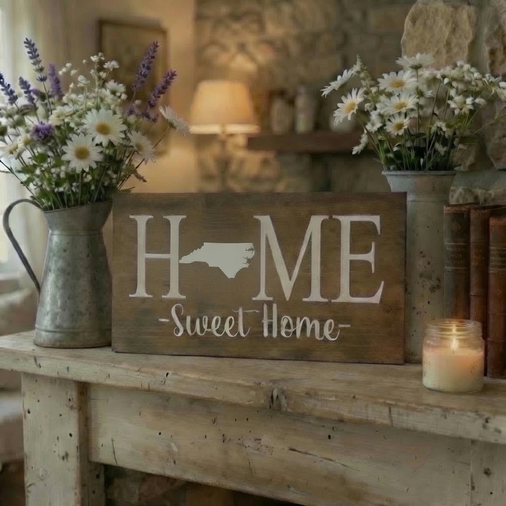 Rustic North Carolina "Home Sweet Home" State Wooden Sign