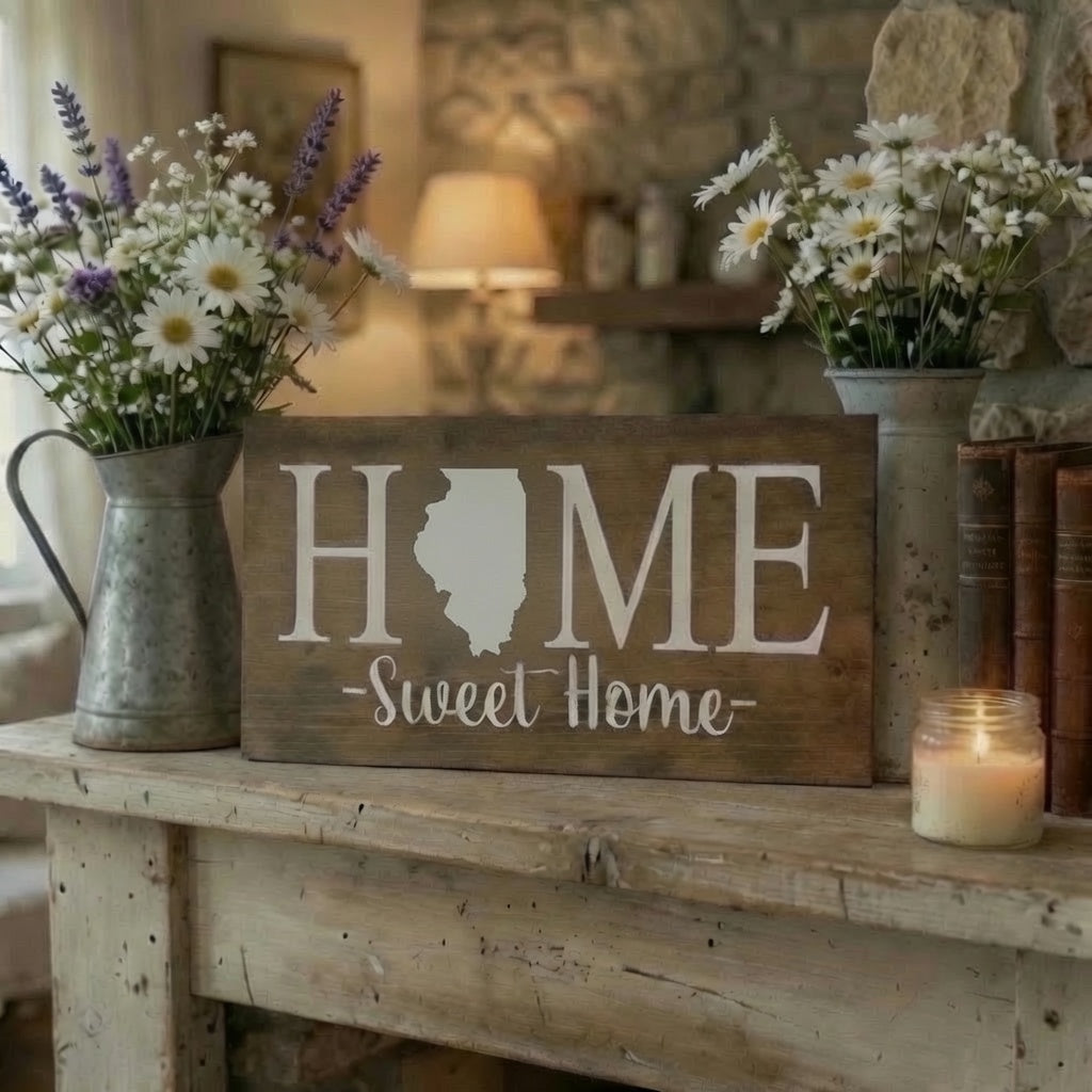 Rustic Illinois "Home Sweet Home" State Wooden Sign