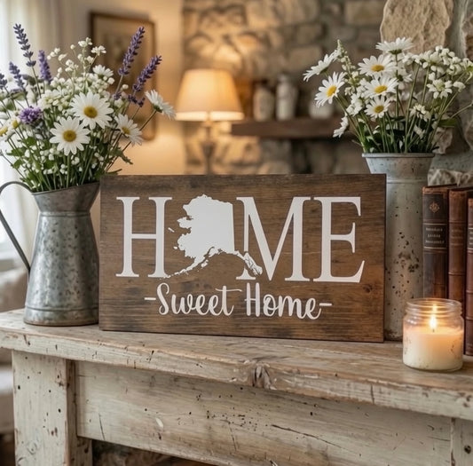 Rustic Alaska "Home Sweet Home" State Wooden Sign