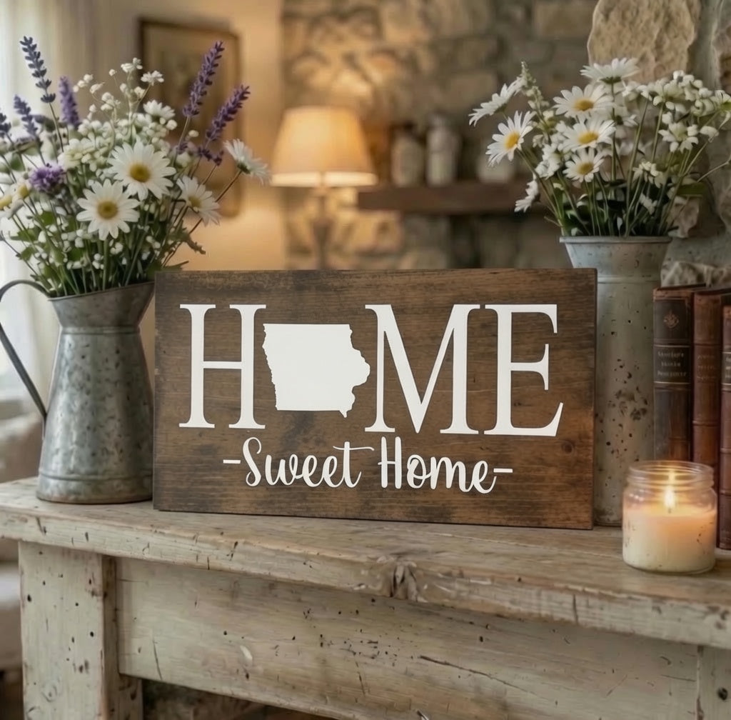 Rustic Iowa  "Home Sweet Home" State Wooden Sign