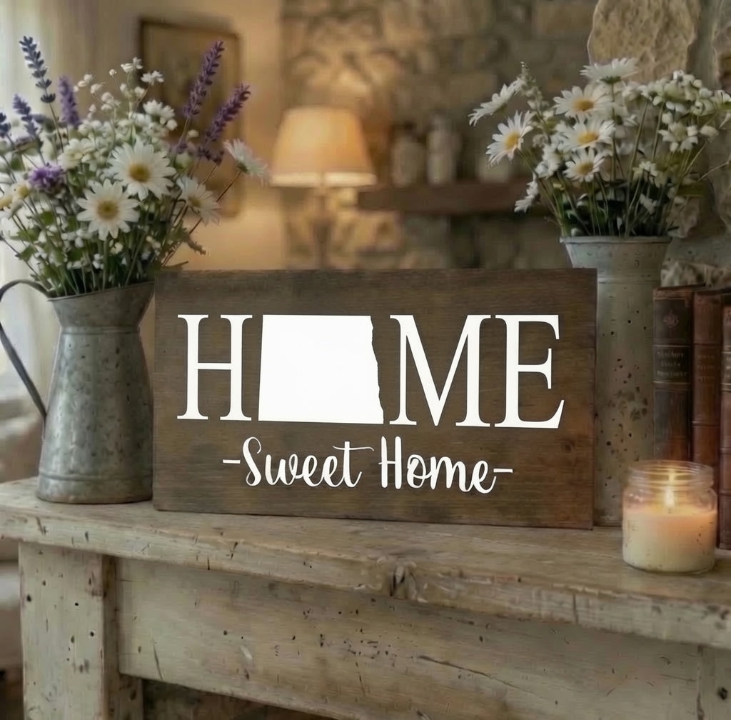 Rustic North Dakota "Home Sweet Home" State Wooden Sign