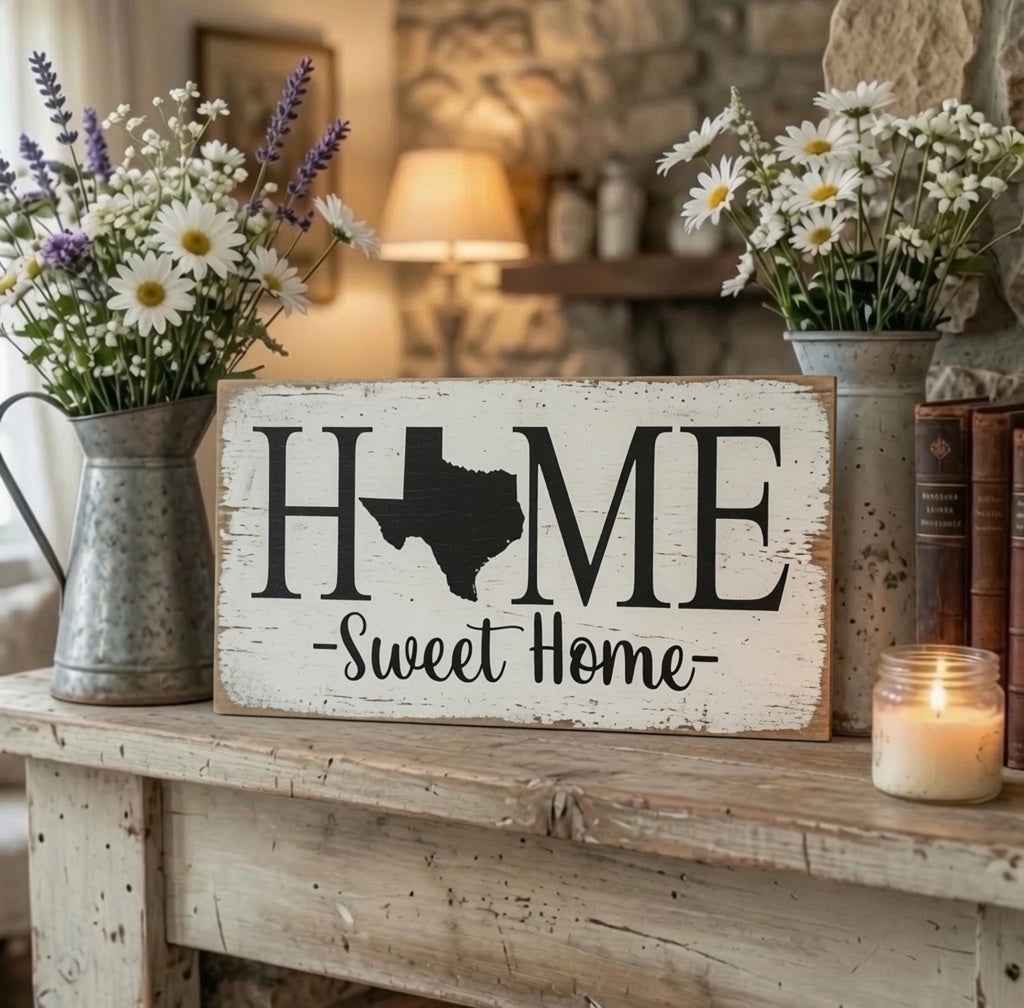 Rustic Texas Home Sweet Home Sign - Celebrate Your Lone Star Spirit with Style - White Ranch Studio